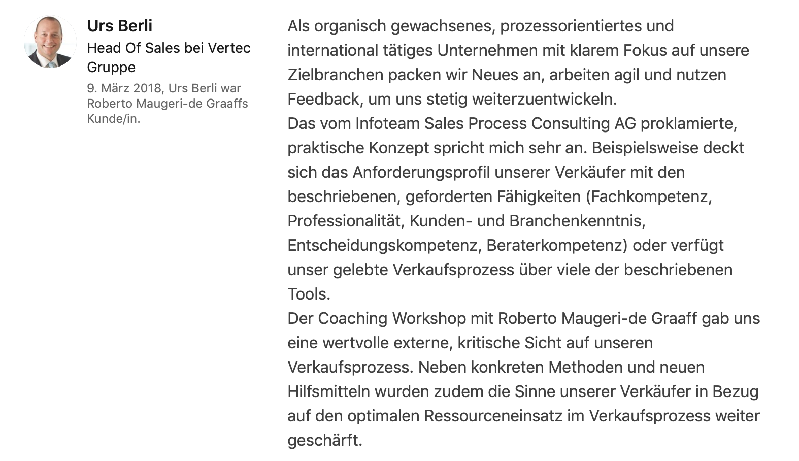 Testimonial Urs Berli, Head of Sales bei Vertec