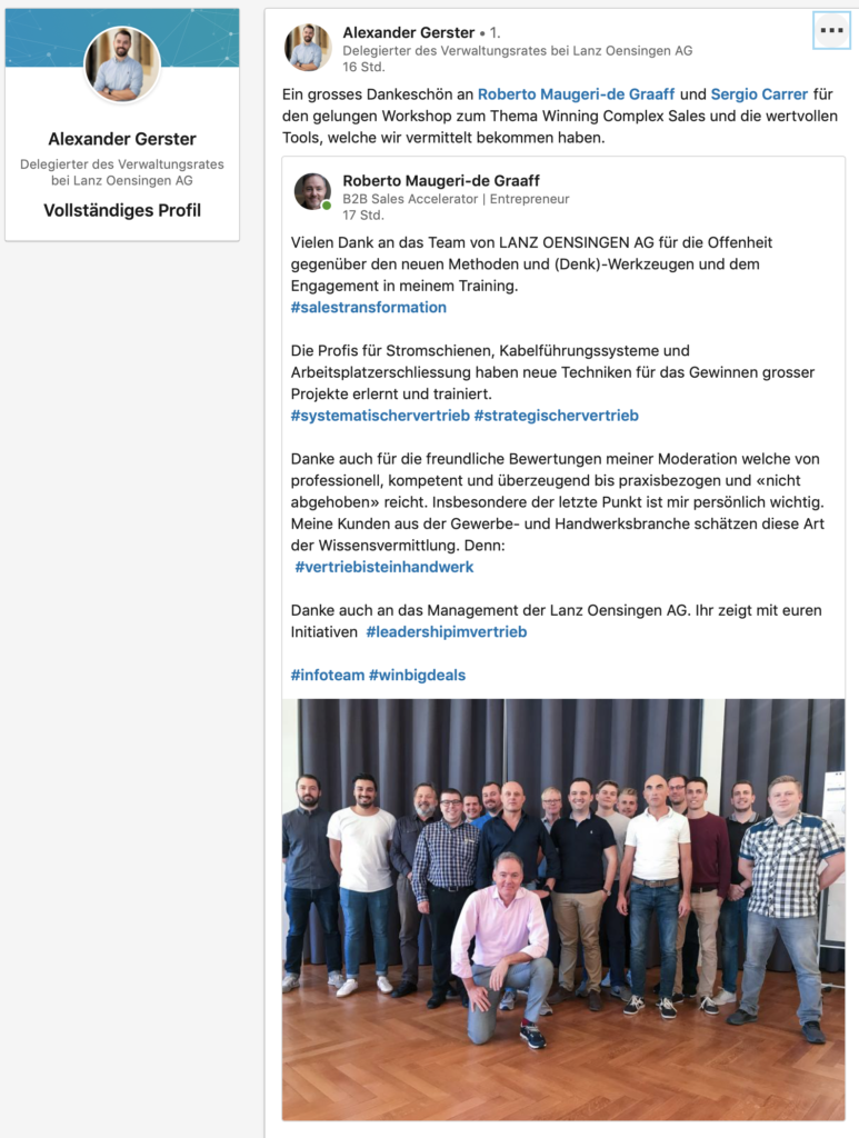 Testimonial on LinkedIn Alexander Gerster VdG Lanz Oensingen AG